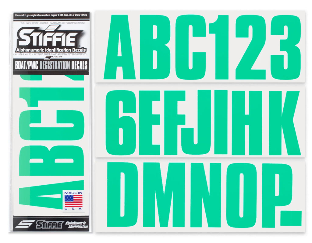 STIFFIE Uniline SeaFoam Green 3" Alpha-Numeric Identification Custom Kit Registration Numbers & Letters Marine Stickers Decals for Boats & Personal Watercraft PWC