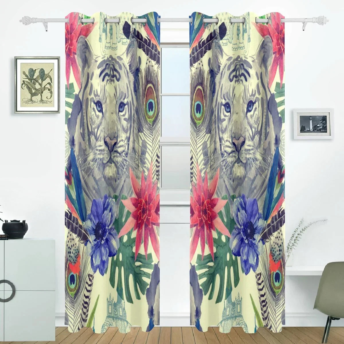 POPCreation Vintage Indian Style Tiger Head Pattern With Feather Window Curtain Blackout Curtains Darkening Thermal Blind Curtain for Bedroom Living Room,2 Panel (52Wx84L Inches)