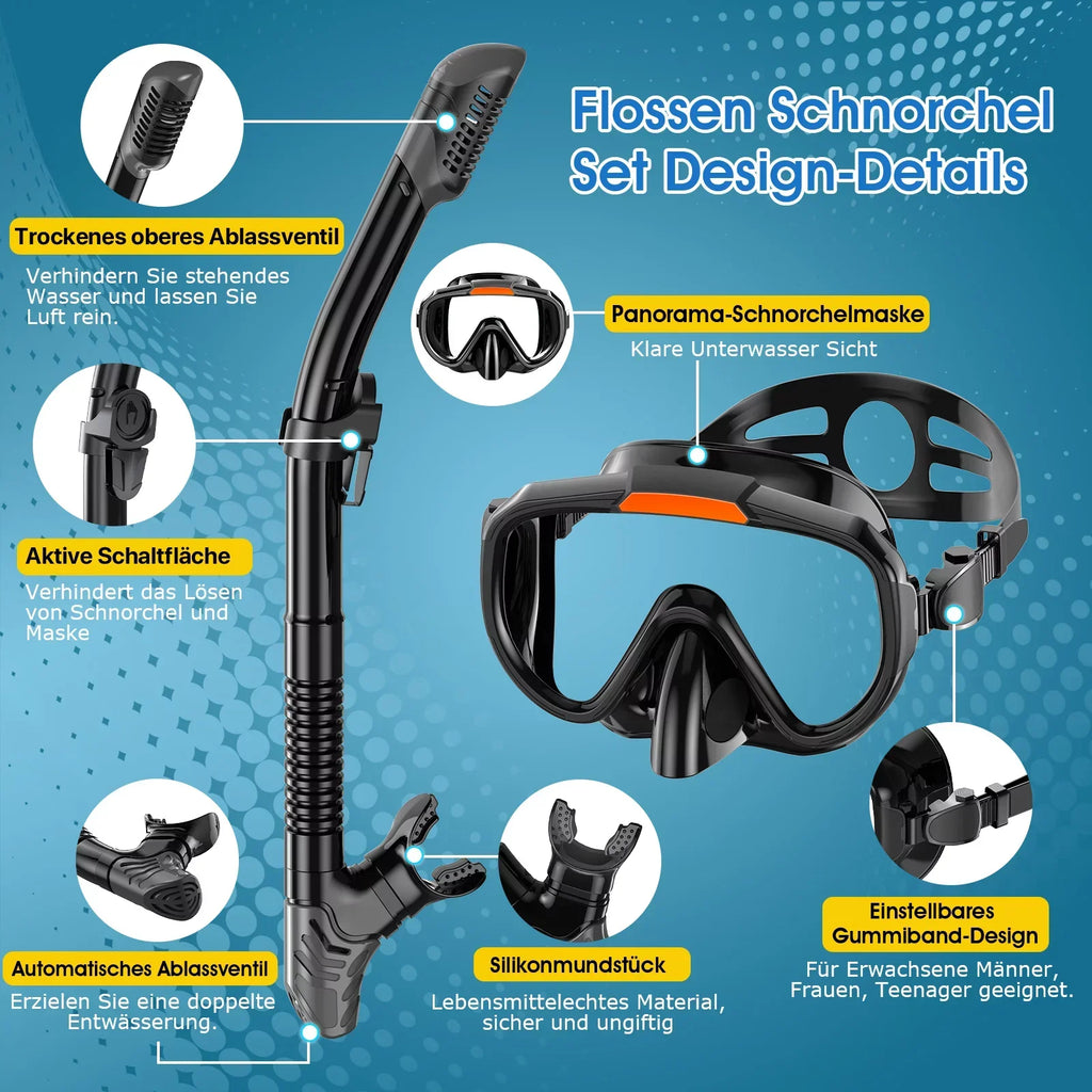 Snorkeling Gear for Adults Men Women,4 in 1 Snorkel Set with Panoramic View Diving Mask Anti-Fog Anti-Leak,Dry Top Snorkel,Fins and Travel Bag for Swimming,Snorkeling and Travel Diving