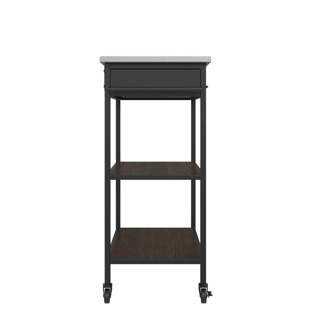 DHP Kane Kitchen Cart, Black Metal Frame, Stainless Steel Counter Top, Pantry Storage, Brown