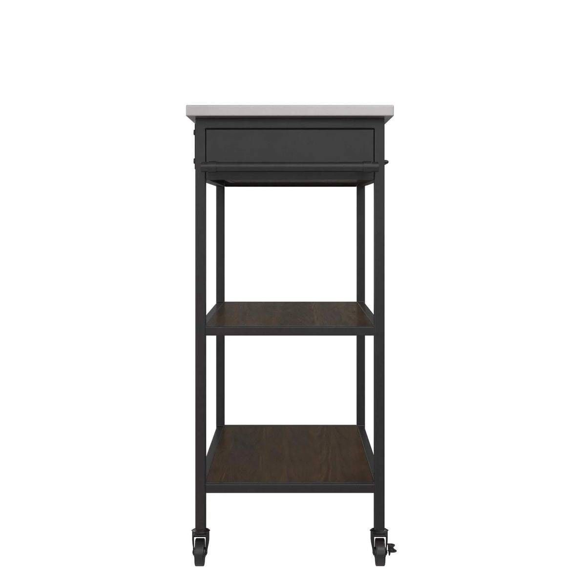 DHP Kane Kitchen Cart, Black Metal Frame, Stainless Steel Counter Top, Pantry Storage, Brown