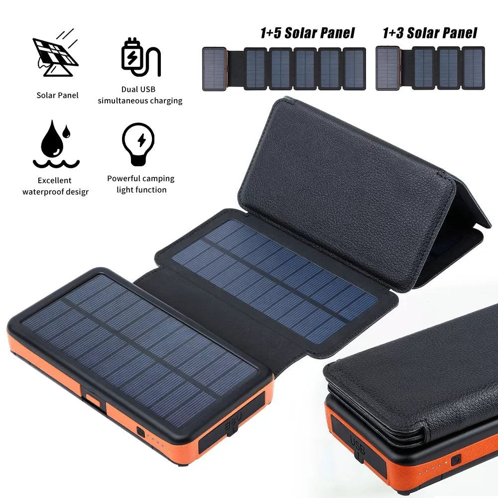 26000mAh 6 Solar Panel Portable Charger Folding Solar Power Bank External Battery with Flashlight For Cell Phone