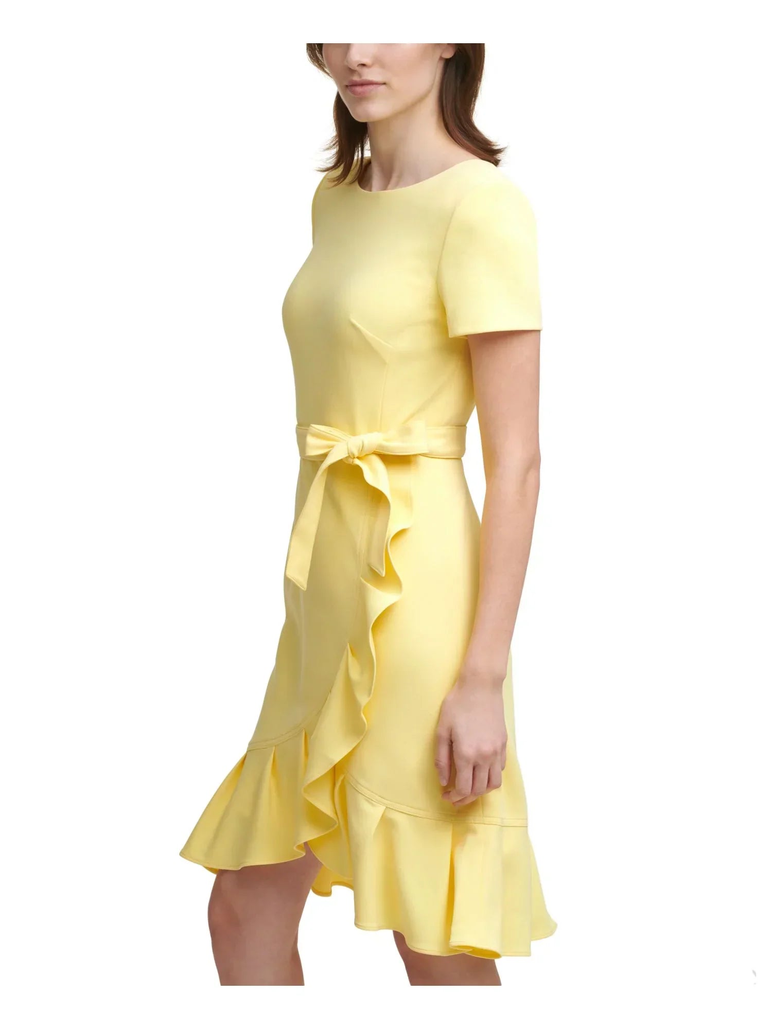 CALVIN KLEIN Womens Yellow Stretch Zippered Ruffled Tulip Hem Scuba Crepe Tie Sash Short Sleeve Round Neck Knee Length Party Sheath Dress Petites 0P
