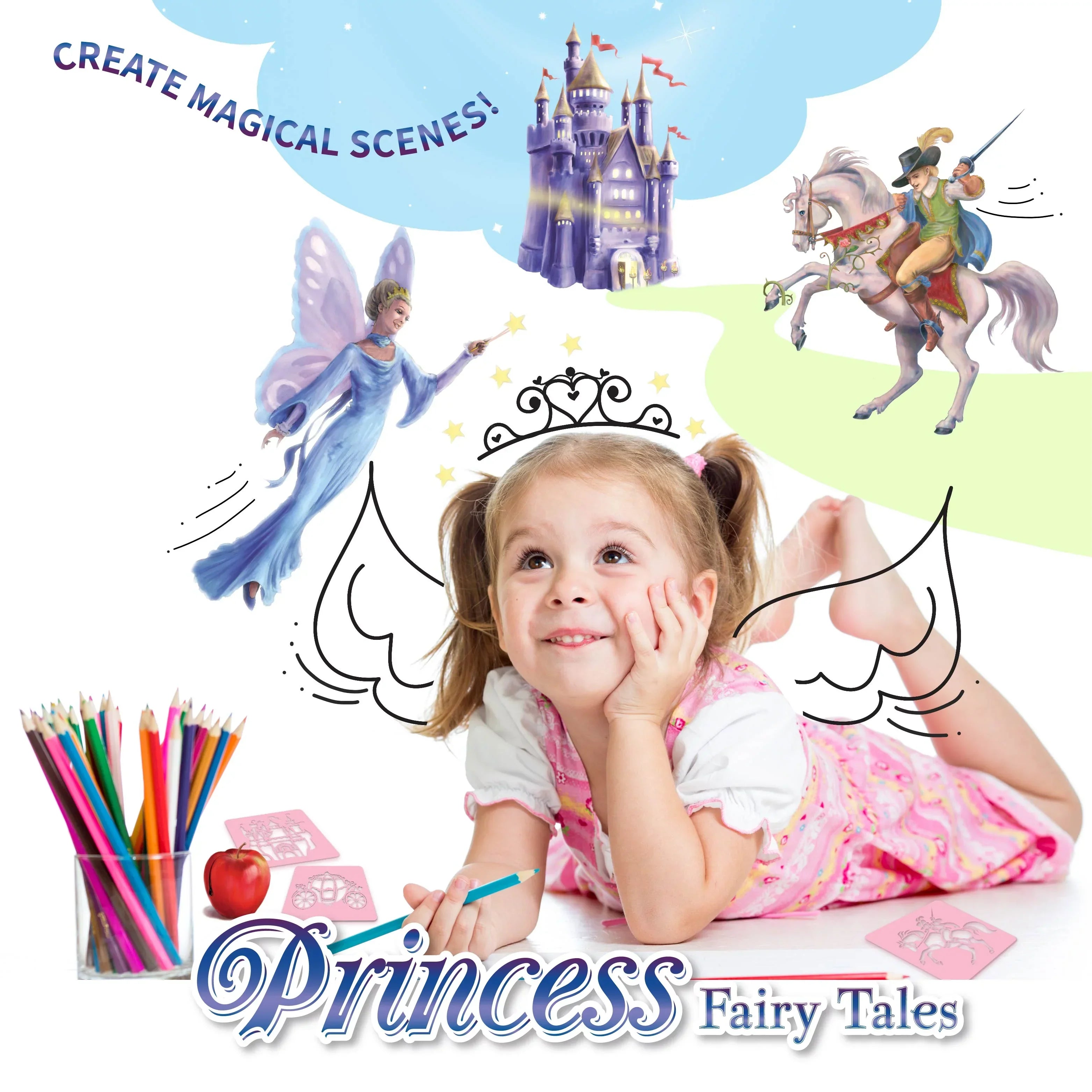 Spicebox Children's Art Kits Imagine It Princess Stencil Stories, 5 Fairytale Scenes To Recreate, Drawing Stencil Art And Activity Kit For Kids