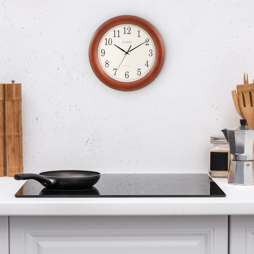 La Crosse Technology 12.5 Inch Cherry finish Oak Wood Atomic Analog Clock, WT-3122A-Int