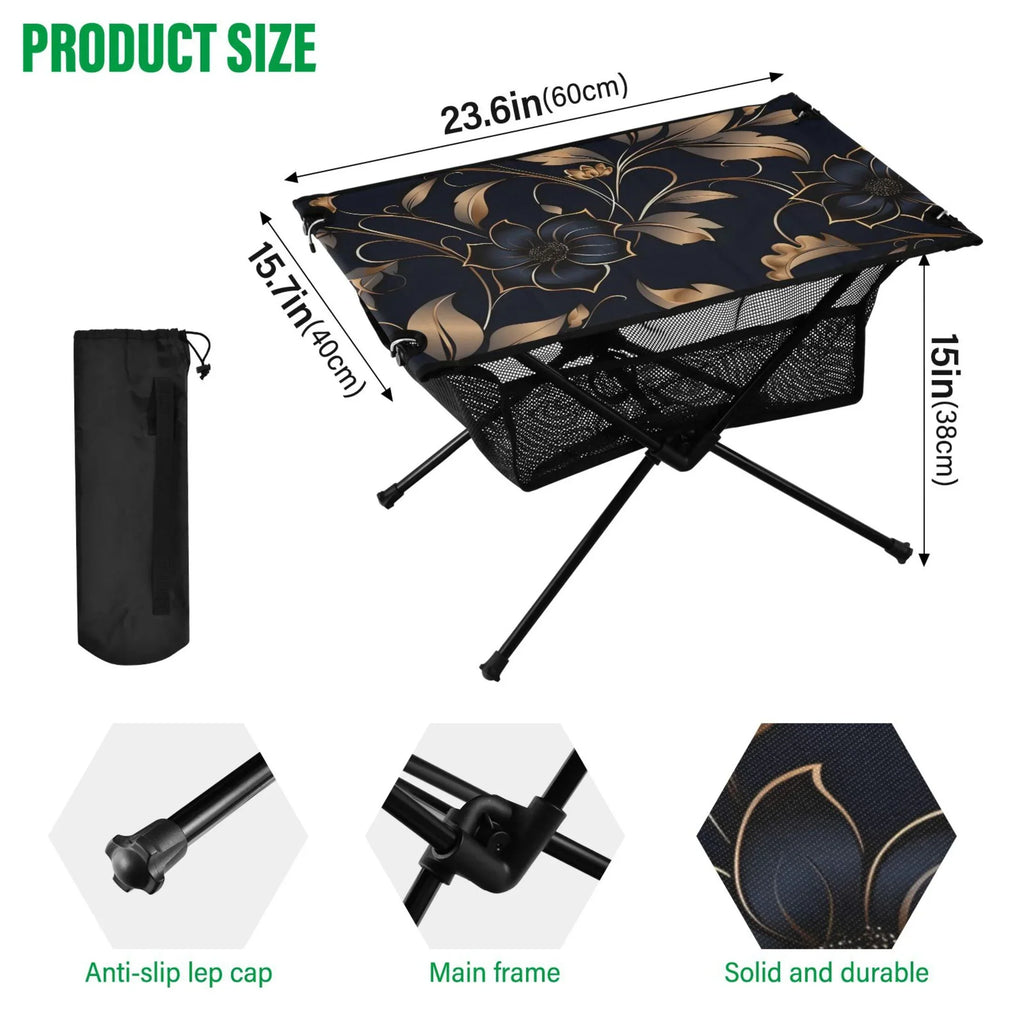 Flower on Black Camping Folding Table Portable Beach Table with Storage Bag Compact Picnic Table for Outdoor Travel Fishing BBQ