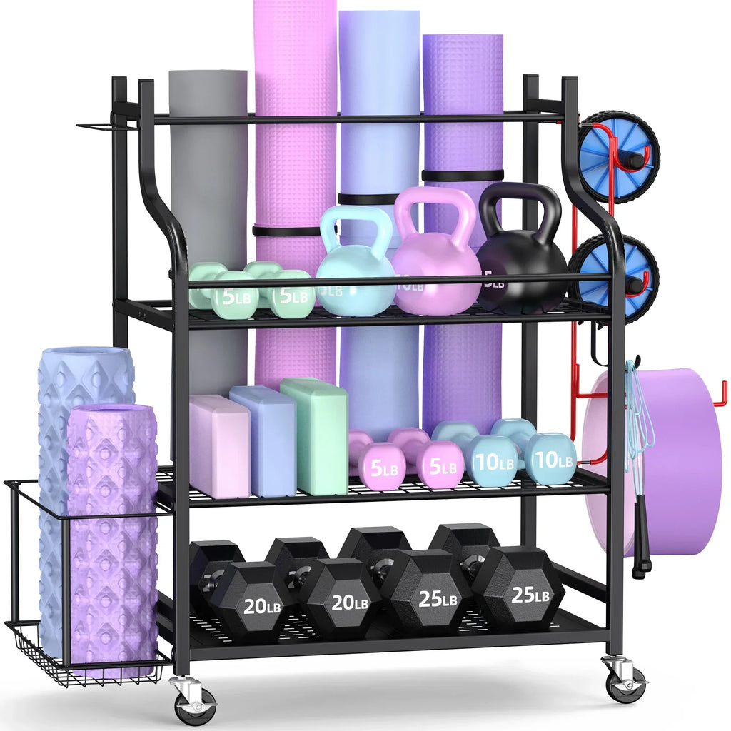 Mythinglogic Yoga Mat Storage Racks, Home Gym Storage Rack, Workout Equipment Storage Organizer with Hooks Wheels