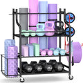 Mythinglogic Yoga Mat Storage Racks, Home Gym Storage Rack, Workout Equipment Storage Organizer with Hooks Wheels