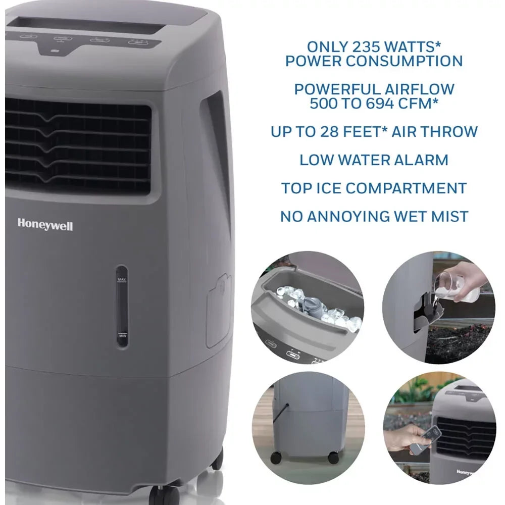Honeywell 500-694CFM Indoor Outdoor Portable Evaporative Cooler with Fan & Humidifier, Ice Compartment & Remote Control, CO25AE, Gray