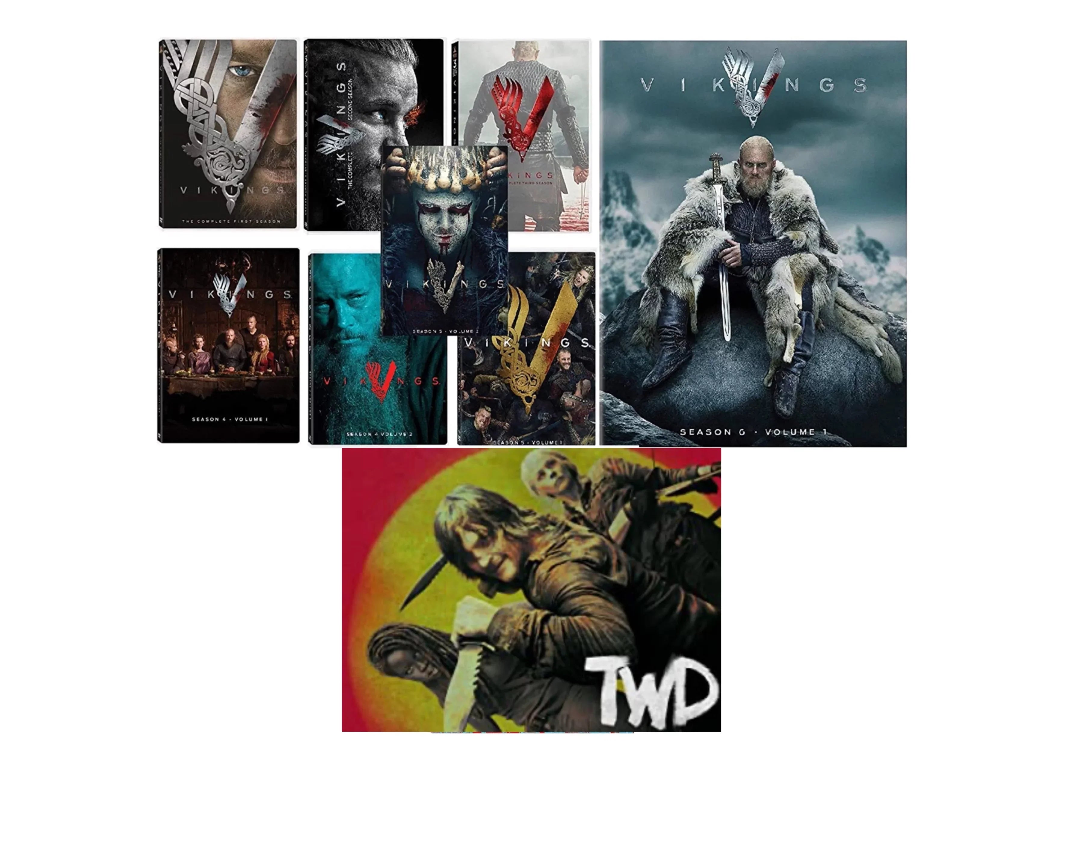 Vikings: Complete Series Seasons 1-5 (Vol. 1-2) DVD + Free Bonus included The Walking Dead 10 episodes DVD