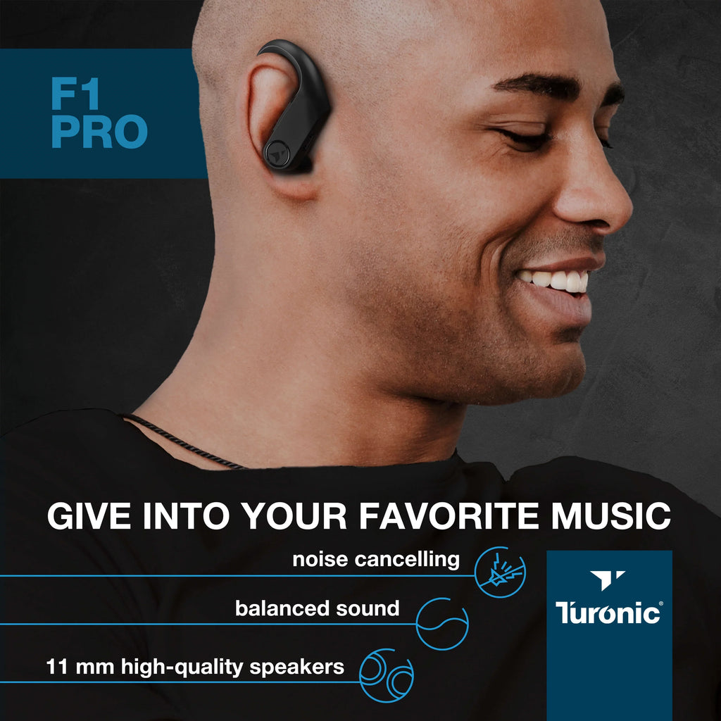Turonic F1 Pro - True Wireless Earbuds - 45H Playtime, Charging case, Mic, IPX7 Waterproof Bluetooth Headphones w/Microphone - Sport Wireless Earphones with Earhook for Gym, Running, Workout - Black