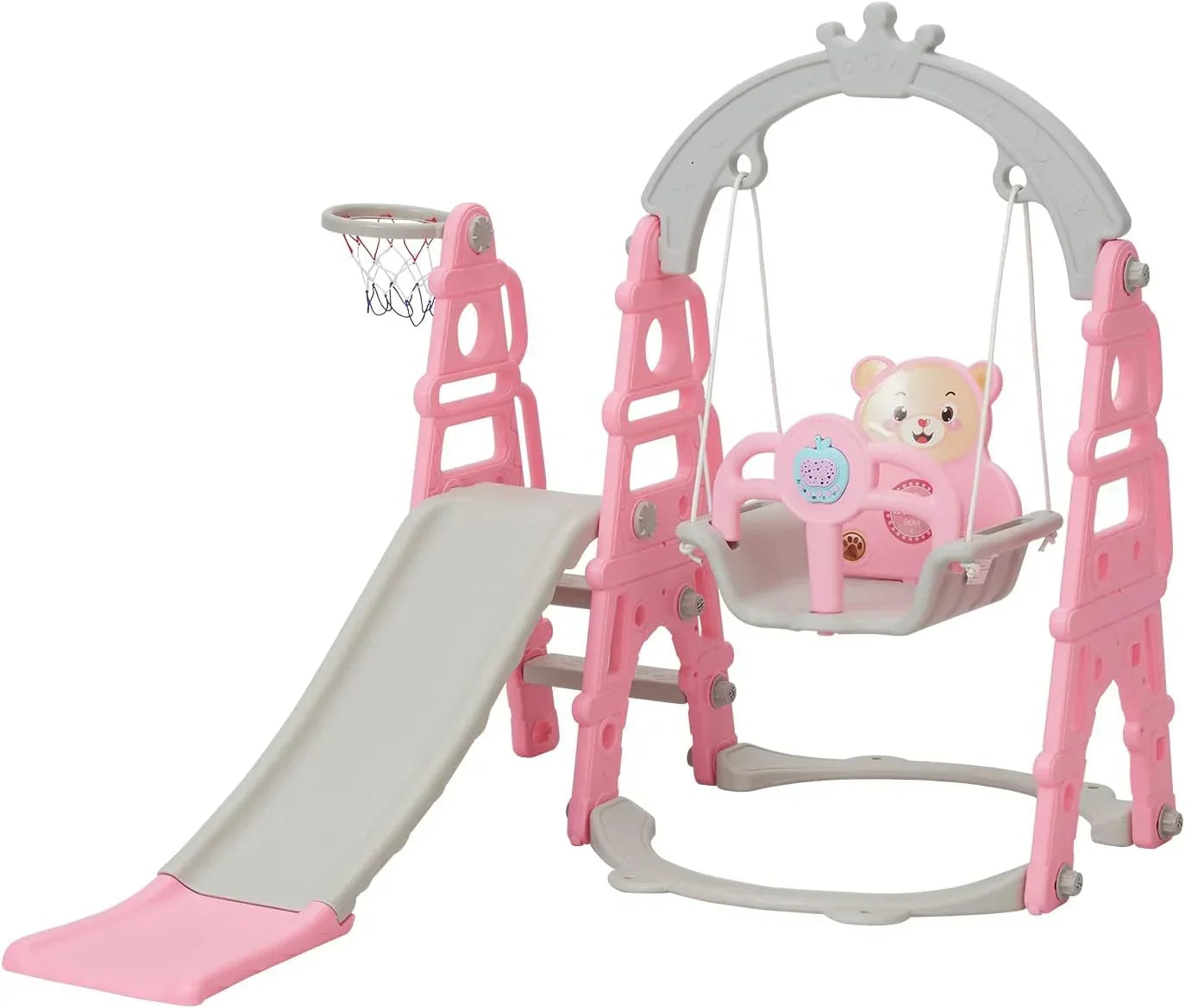 Kinbor 5 in 1 Toddler Slide Swing Set, Climber Slide Playground Baby Playset for Outdoor & Indoor with Basketball Hoop, Extra Long Slide & Easy Climb Stairs, Pink