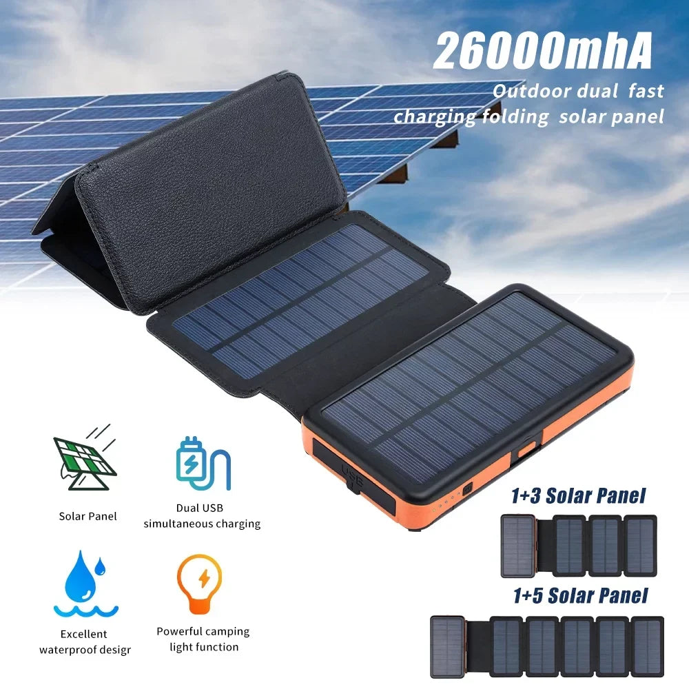 26000mAh 6 Solar Panel Portable Charger Folding Solar Power Bank External Battery with Flashlight For Cell Phone
