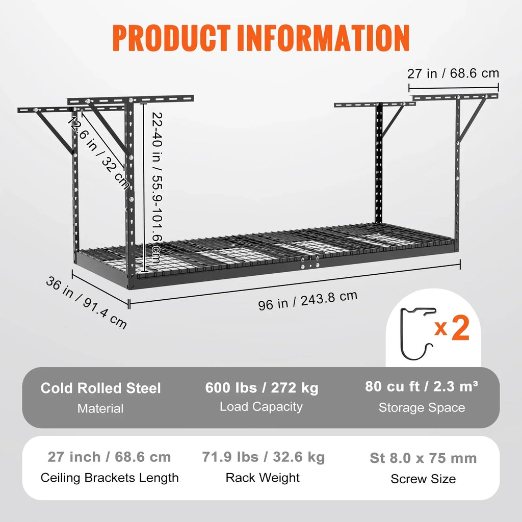 BENTISM Overhead Adjustable Garage Storage Rack 36x96in Ceiling Rack 600lbs Black