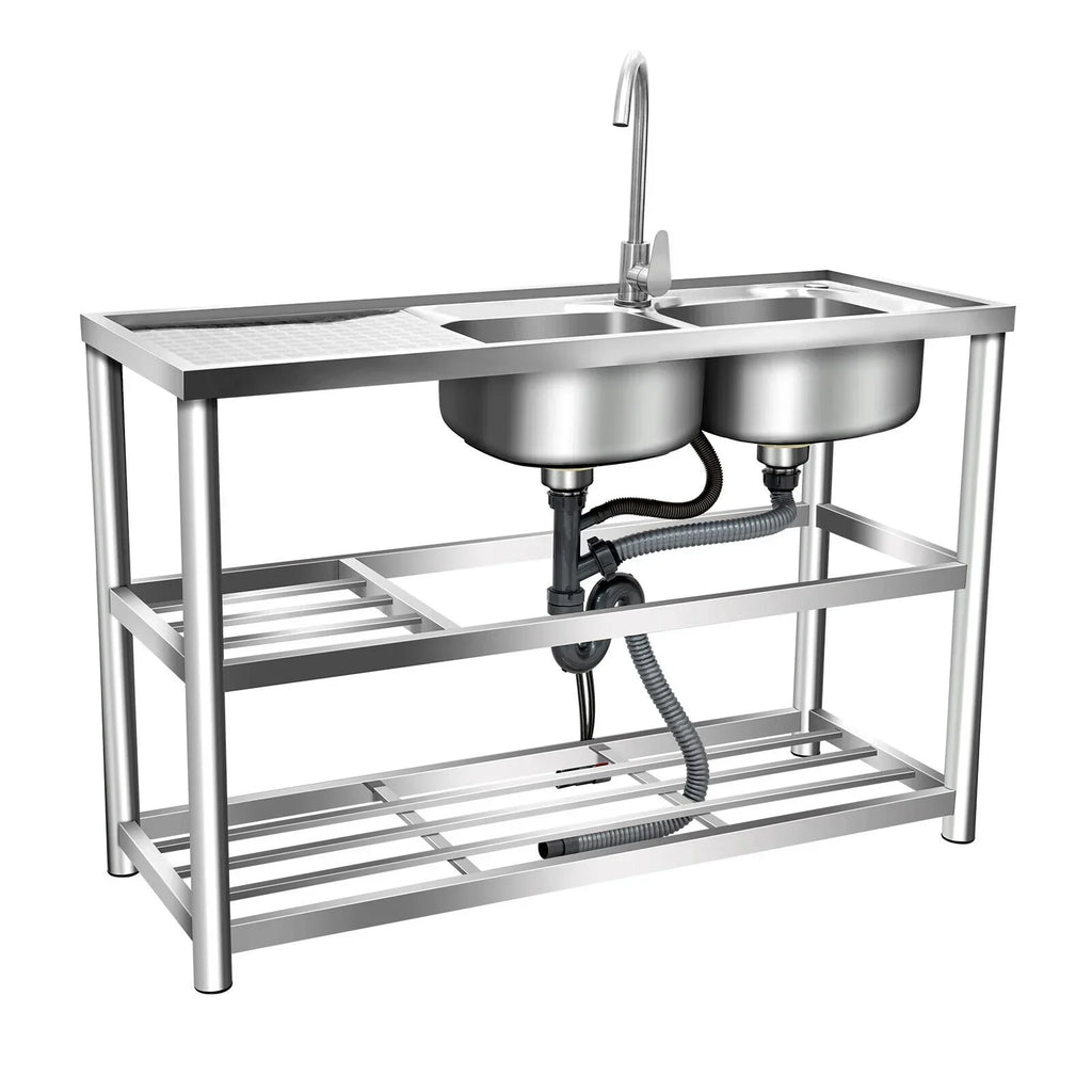 Commercial Kitchen Utility Sink w/ Drainboard 304 Stainless Steel Catering Prep Home Sink Bowl Kitchen 2 Bowls Catering Prep Table w/Faucet Sink Bowl Kitchen 2 Bowls Catering Prep Table +Shelf