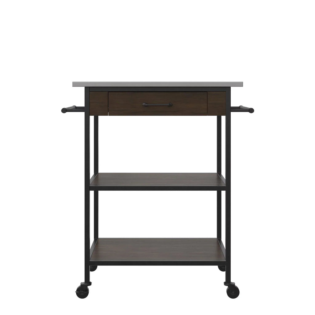 DHP Kane Kitchen Cart, Black Metal Frame, Stainless Steel Counter Top, Pantry Storage, Brown