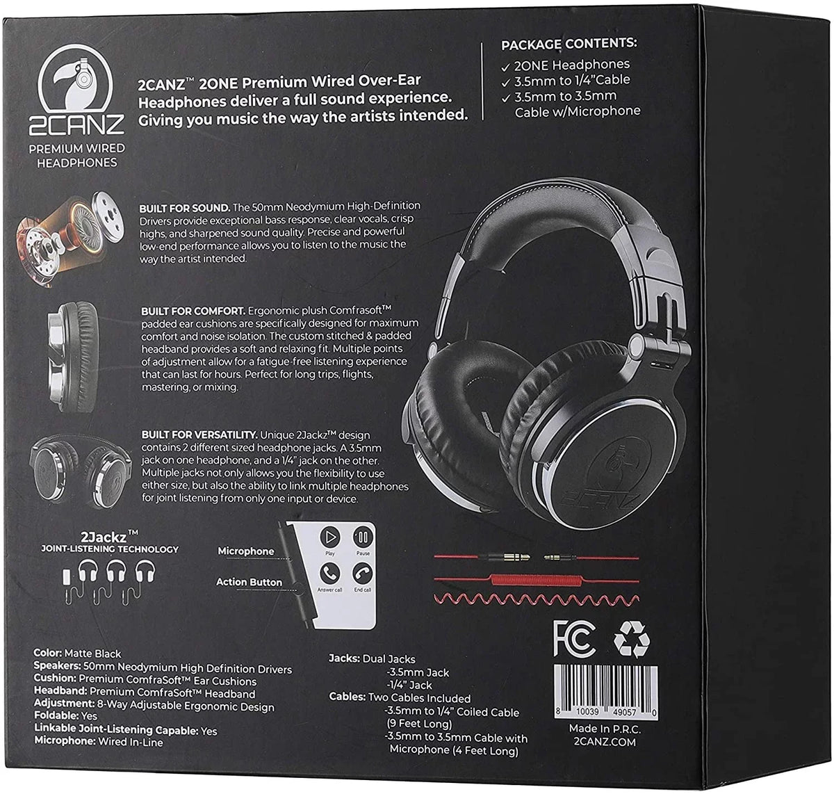 2CANZ Professional Over-Ear DJ Headphones, Black, 2ONE