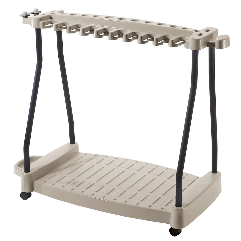 Suncast Lawn and Garden Steel Tool Storage Rack with Wheels for 30 Tools, Light Taupe