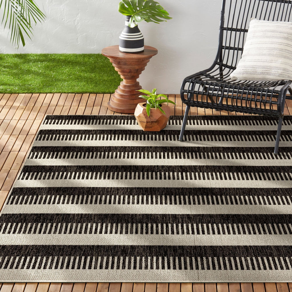 Nicole Miller New York Patio Country Charlotte Modern Striped Indoor/Outdoor Area Rug, Black/Grey, 5'2"x7'2"