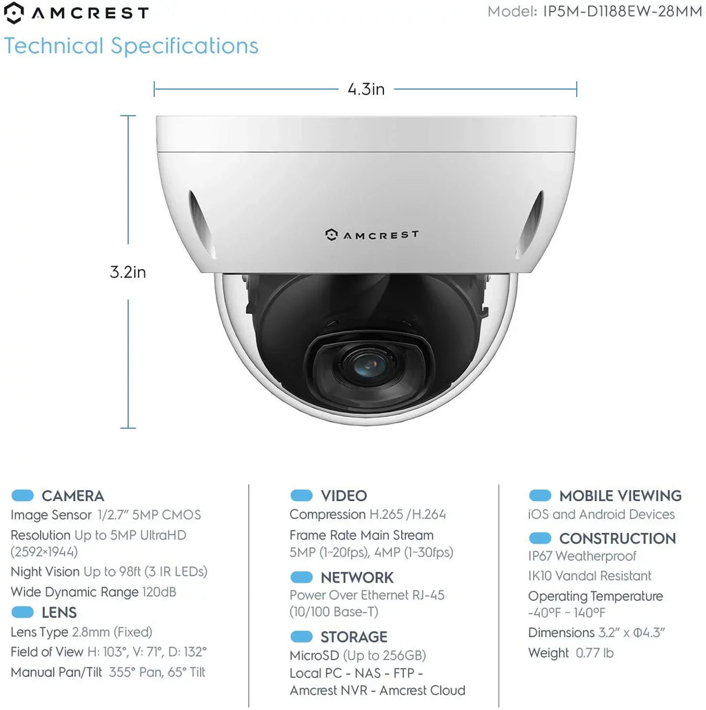 Amcrest 5MP POE Camera, Outdoor Vandal Dome Security POE IP Camera, 5-Megapixel, 98ft. Night Vision, 2.8mm Lens, IP67, IK10 Resistance, Cloud, NVR (IP5M-D1188EW-28MM)