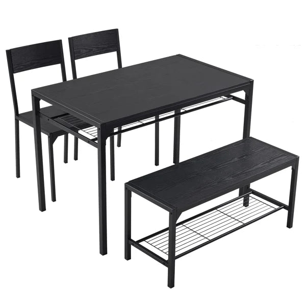 ALFRESCO Black 4-Piece Dining Table Set for 4 - Includes 2 Chairs, 1 Bench, Ideal for Small Spaces