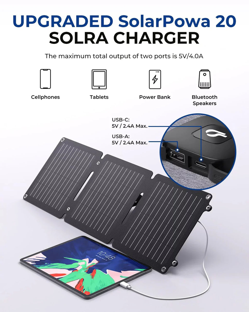 BigBlue 20W ETFE Solar Charger (5V/4A Max) with Kickstand, SolarPowa 20 Portable Solar Panel Charger with USB-A and USB-C, IP65 Waterproof, Compatible with iPhone, iPad, Samsung, LG etc.