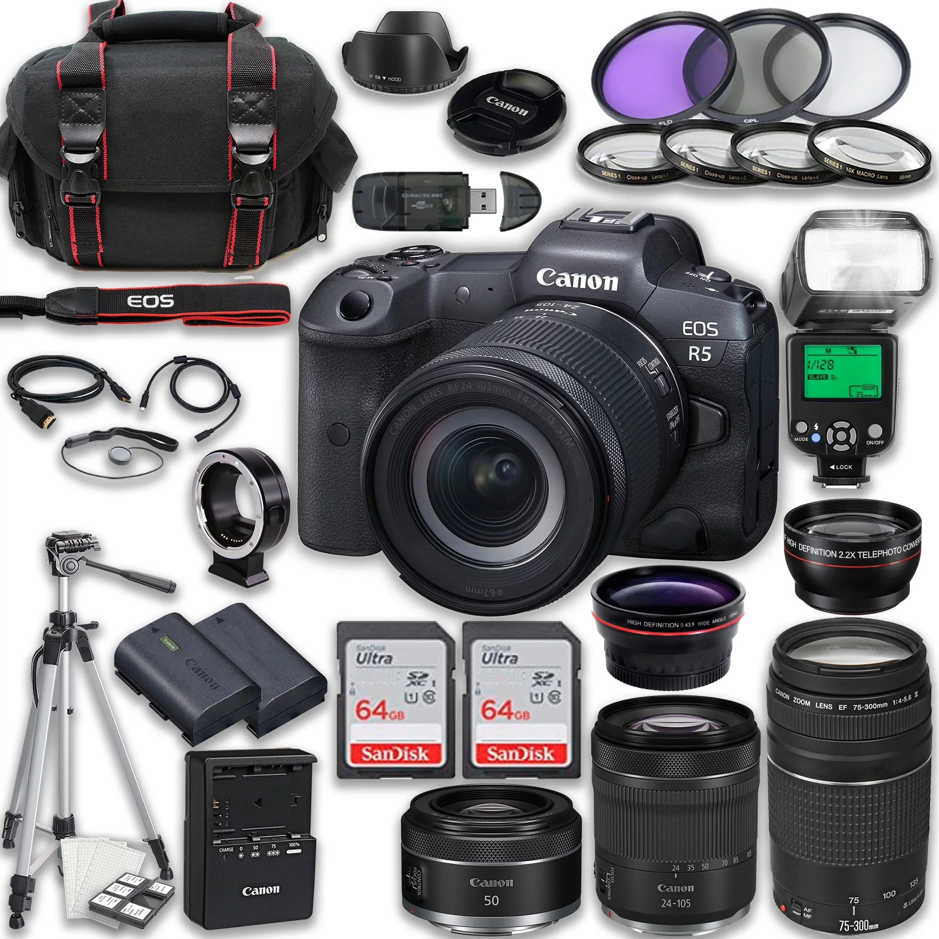 Canon EOS R5 Full Frame Mirrorless Camera with RF 24-105mm STM & 75-300mm f/4-5.6 III + RF 50mm f/1.8 STM Lenses + 128GB Memory Card + Accessories including: TTL Flash, Extra Battery, Tripod & More