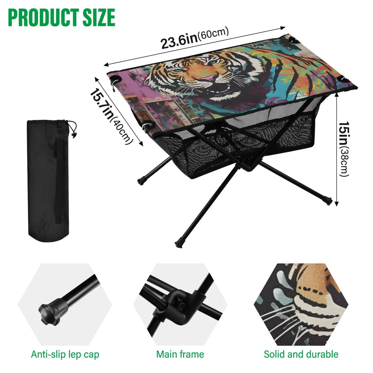 Tiger Abstract Camping Foldable Portable Table Beach Table with Storage Bag Compact Picnic Table for Outdoor Hiking Fishing BBQ