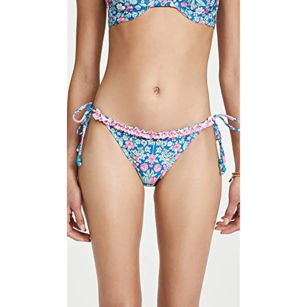 Shoshanna Women's Ruffle String Bikini Bottoms, Navy/Magenta Multi, L