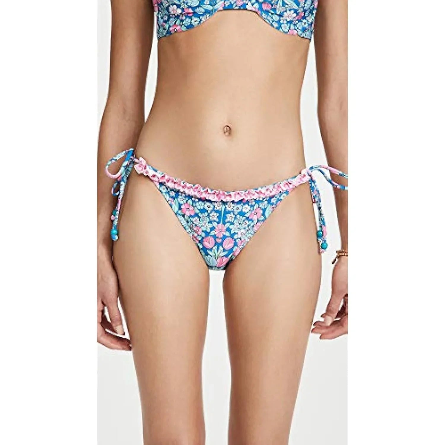 Shoshanna Women's Ruffle String Bikini Bottoms, Navy/Magenta Multi, L