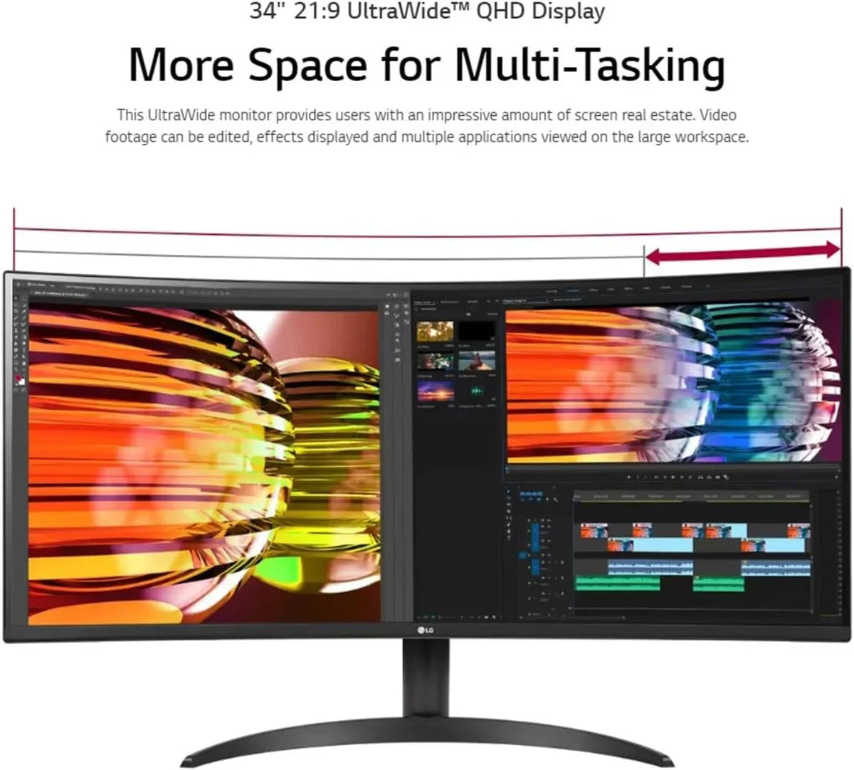 LG 34'' Curved Gaming Monitor, 160 Hz Refresh Rate, 99% sRGB, 3440 x 1440 Display, HDR 10, AMD FreeSync Premium, Bundle With Cefesfy USBHUB