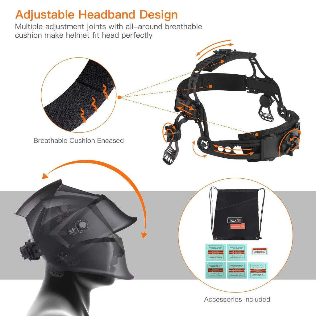TACKLIFE Welding Helmet Solar Power Auto Darkening, Optical Class (1/1/1/1), Full Shade Range 3/4-8/9-13, 6Pcs Replacement Lenses, Grinding Feature for TIG MIG MMA Plasma - PAH04D NEW