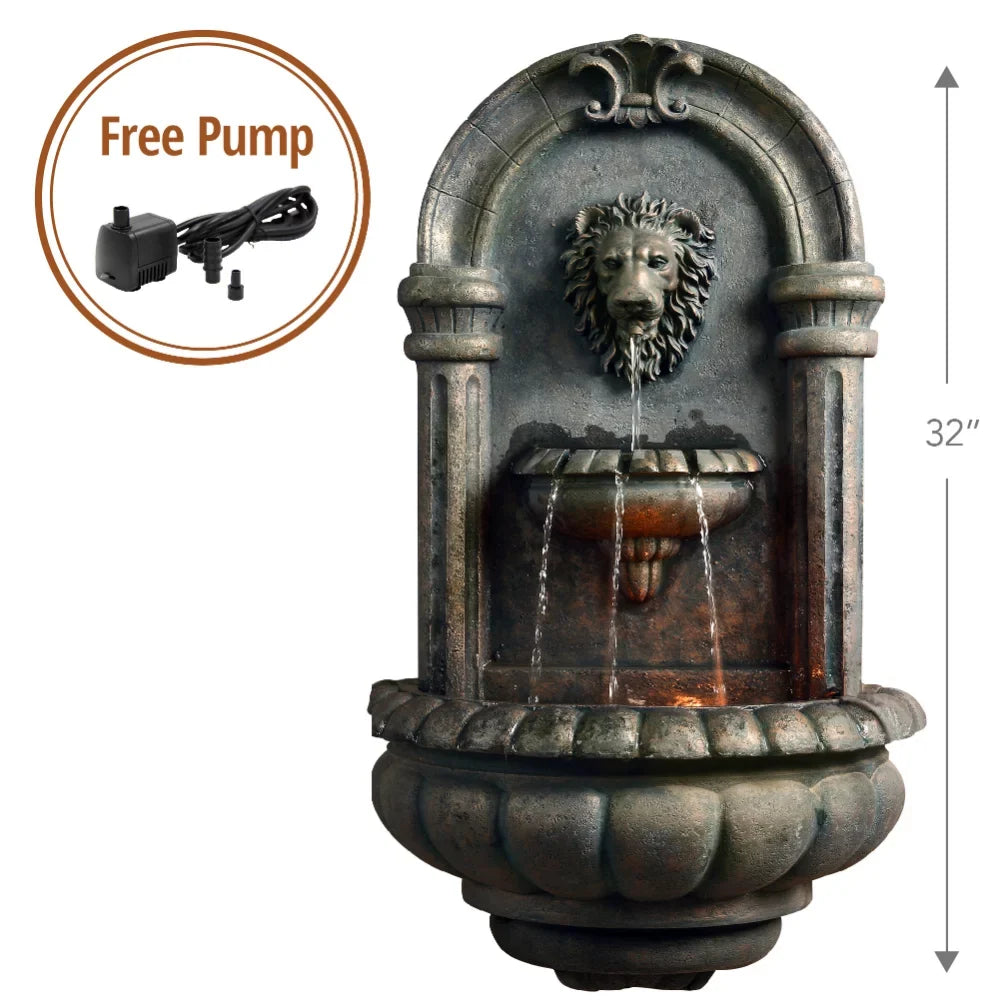 Home Outdoor Tiered Lion Head Stone Wall Fountain with LED Light, Antique Bronze Garden Decoration Outdoor USA