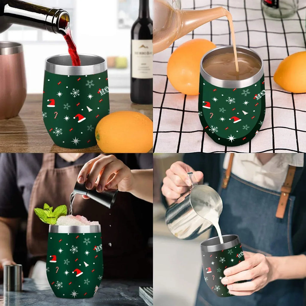 Hidove 12oz 304 Stainless Steel Vacuum Insulated Cups, Christmas Tree with Red and Green Color Eggshell Cup U Shape Tumbler Cups with Lid, Double Layer Insulation Wine Cup Big Belly Cup