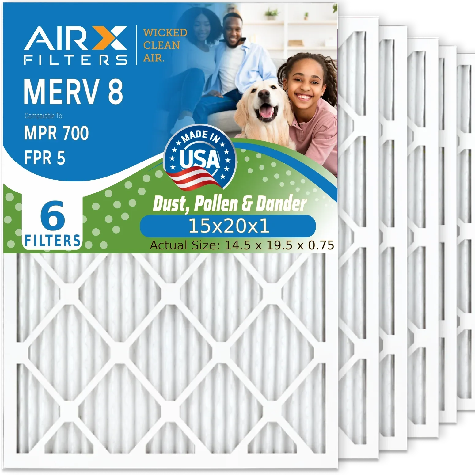 15x20x1 Air Filter MERV 8 Comparable to MPR 700 & FPR 5 Compatible with Lennox 91X24 Filter 6 Pack MERV 8 Comparable to MPR 700 & FPR 5 by AIRX FILTERS WICKED CLEAN AIR.