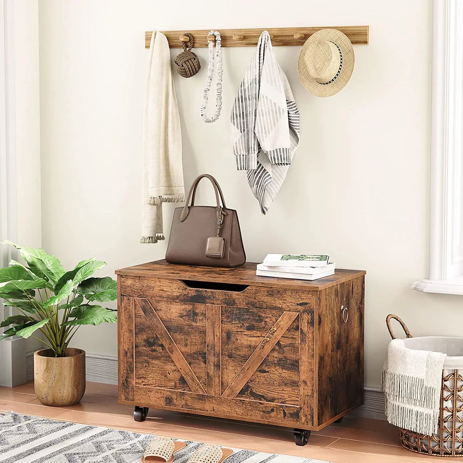 Storage Chest, Storage Trunk on Wheels, Sturdy Storage Bench Supports 220 lb, Wooden Entryway Bench, Shoe Bench, Movable, Safety Hinge, U-Shaped Opening, Easy Assembly, Rustic Brown FG74CW01