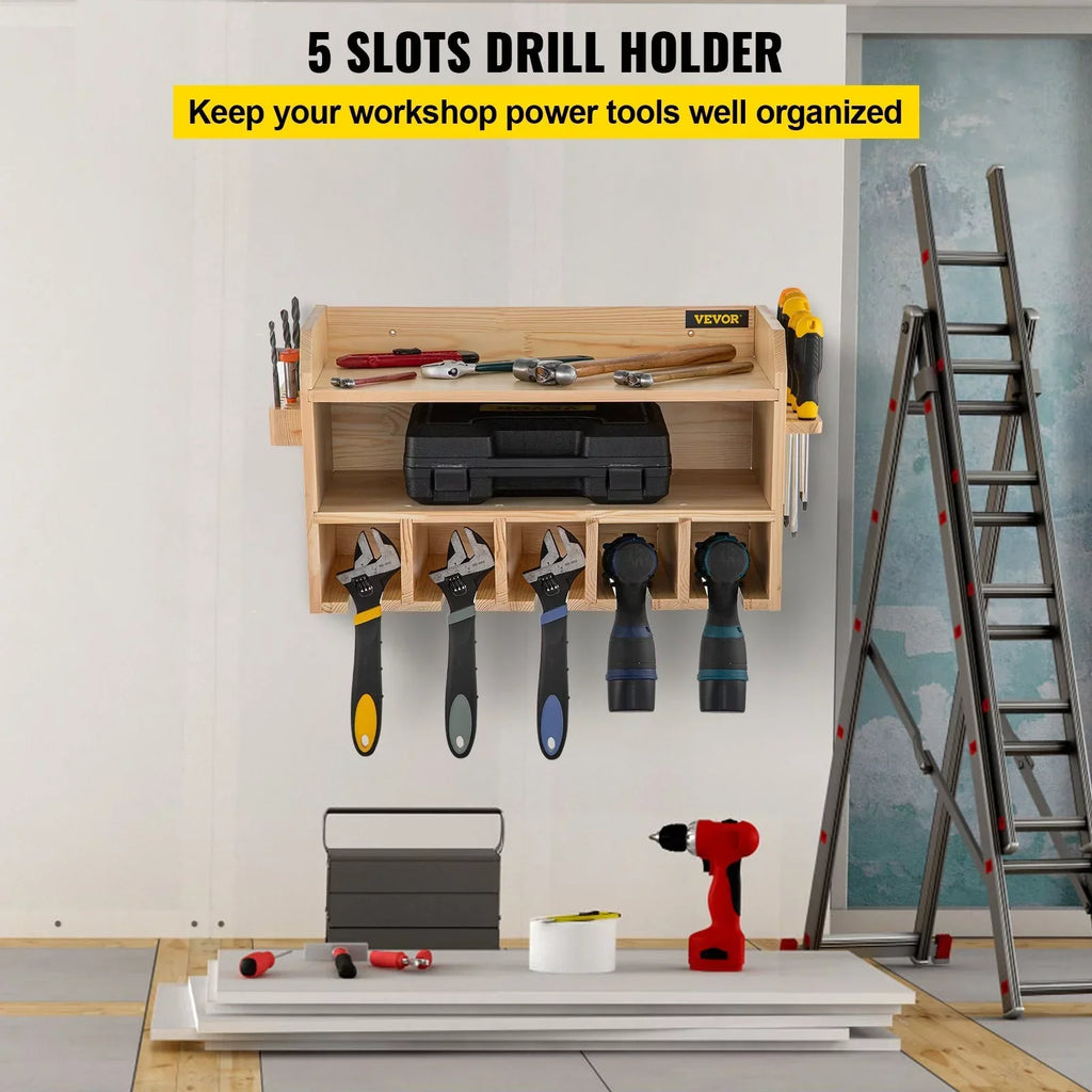 Wall Mount Drill Organizer, 5 Drill Slots, 2-Shelf Tool Storage, Polished Wood