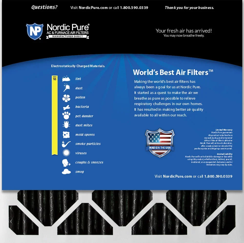Nordic Pure 24x24x2 Furnace Air Filters MERV 10 Pleated Plus Carbon 3 Pack
