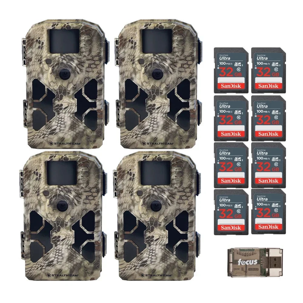 Stealth Cam 2022 G42NG 32MP No-Glow Trail Cameras, Kryptek, & Cards Kit (4-Pack)