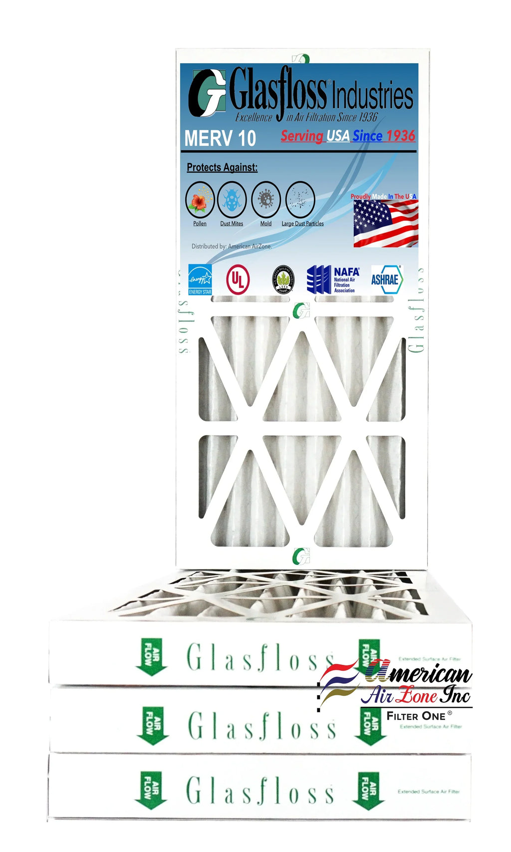 Glasfloss Air Filter 10x30x2 - 2" MERV 10 - (Pack of 4) - Pleated AC or HVAC Air Filter - Furnace Air Filter - Home or Office - Made In The USA.