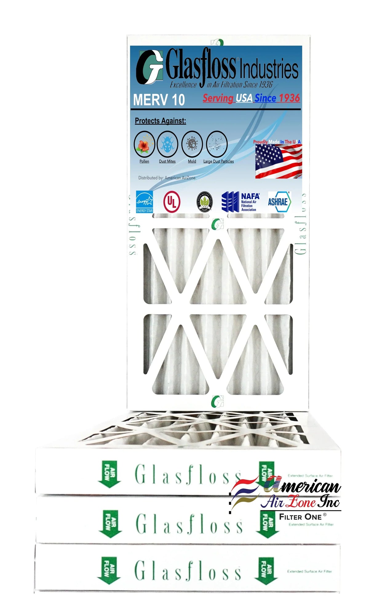 Glasfloss Air Filter 10x30x2 - 2" MERV 10 - (Pack of 4) - Pleated AC or HVAC Air Filter - Furnace Air Filter - Home or Office - Made In The USA.