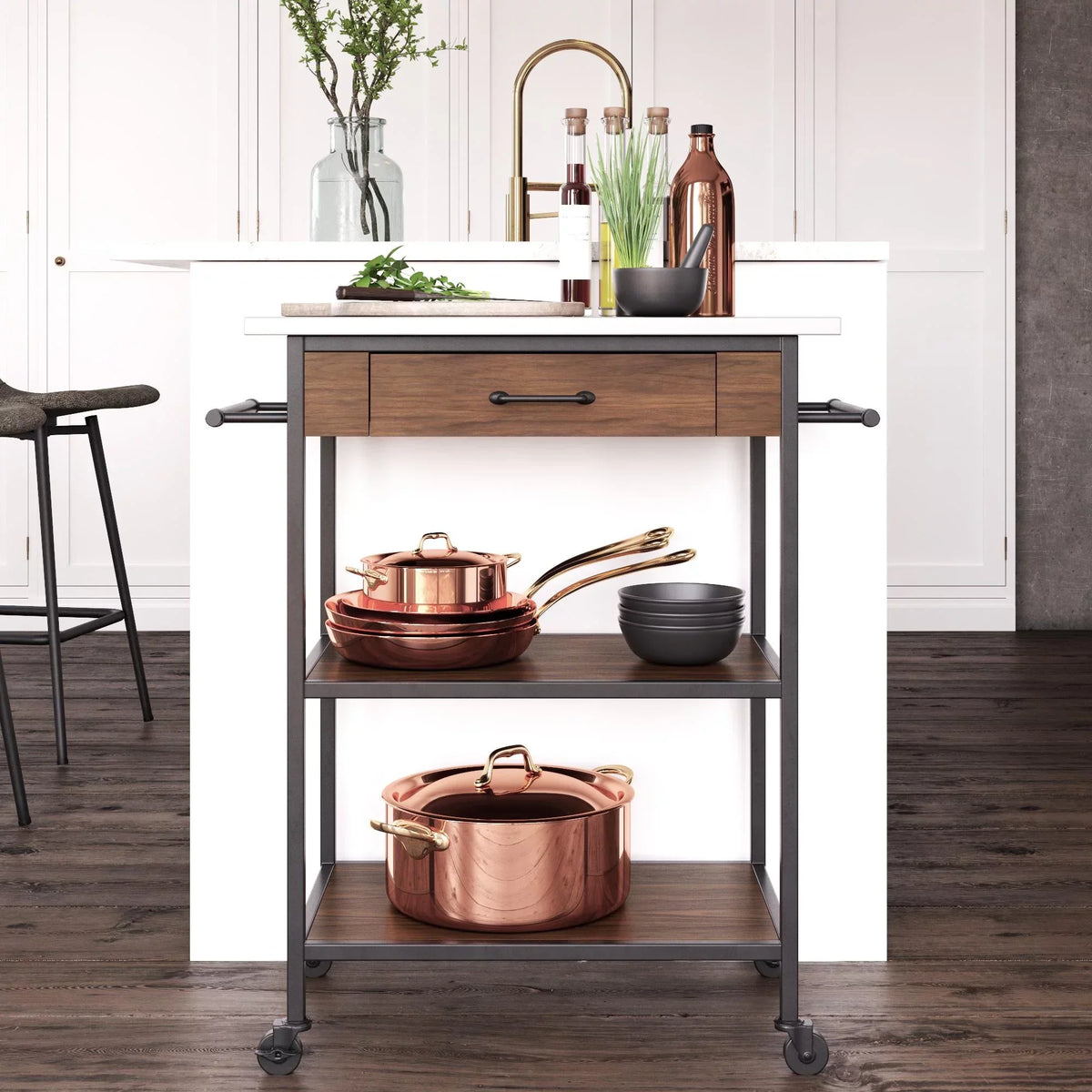 DHP Kane Kitchen Cart, Black Metal Frame, Stainless Steel Counter Top, Pantry Storage, Brown