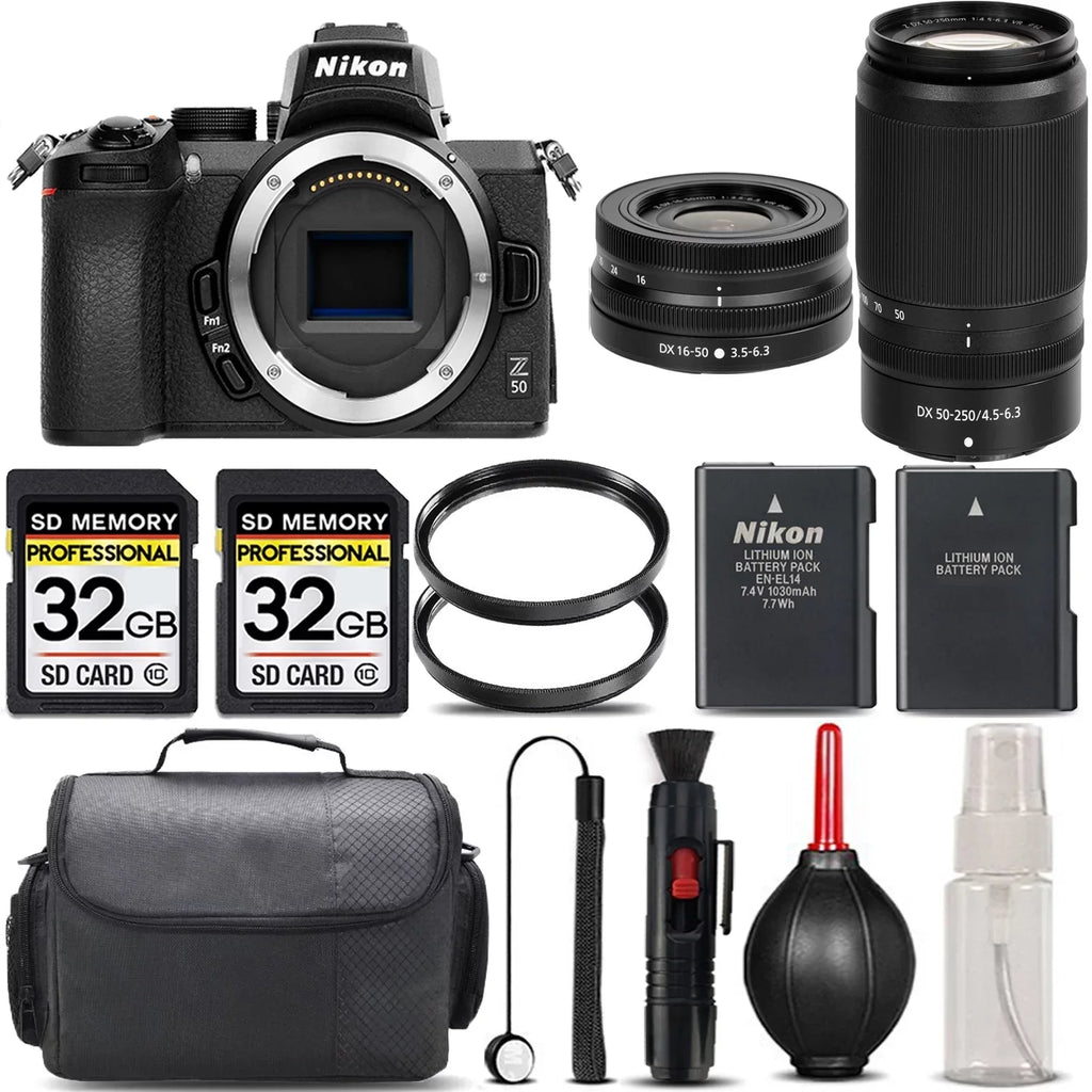 Nikon Z50 Mirrorless with 50-250mm f/4.5-6.3 VR Lens + 16-50mm Lens + 64GB Storage + UV Filter + Backup Battery + Case + Cleaning Kit - International Version