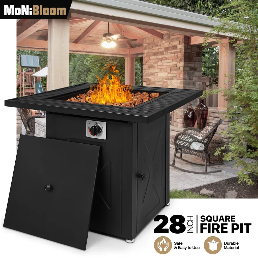 MoNiBloom 28" Fire Pit Table 50,000 BTU Square Propane Gas Fire Pit Table with Lava Rocks and Metal Lid for Outdoor Patio, Black