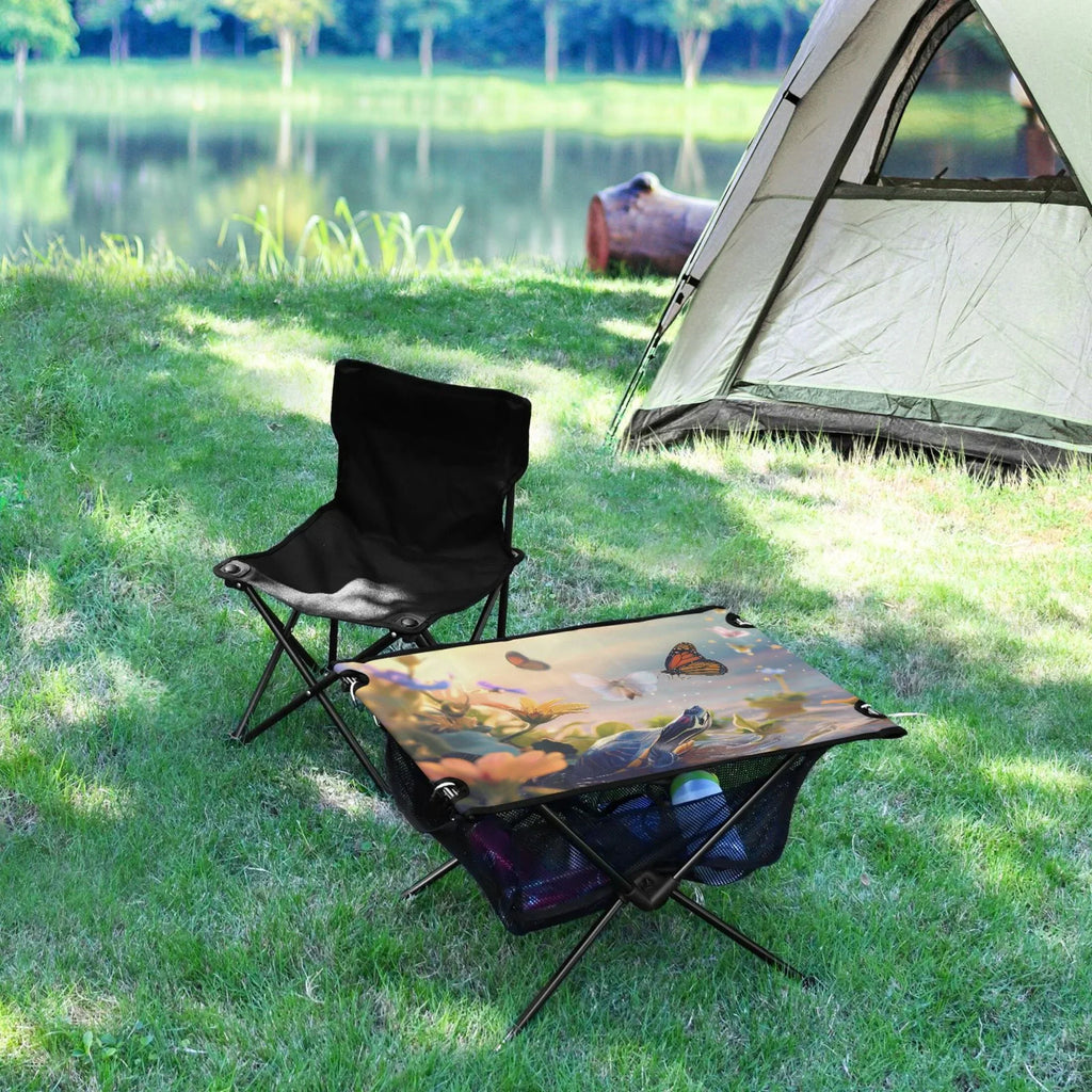 Funny Turtle and Butterfly Camping Folding Table Portable Beach Table with Storage Bag Compact Picnic Table for Outdoor Travel Fishing BBQ