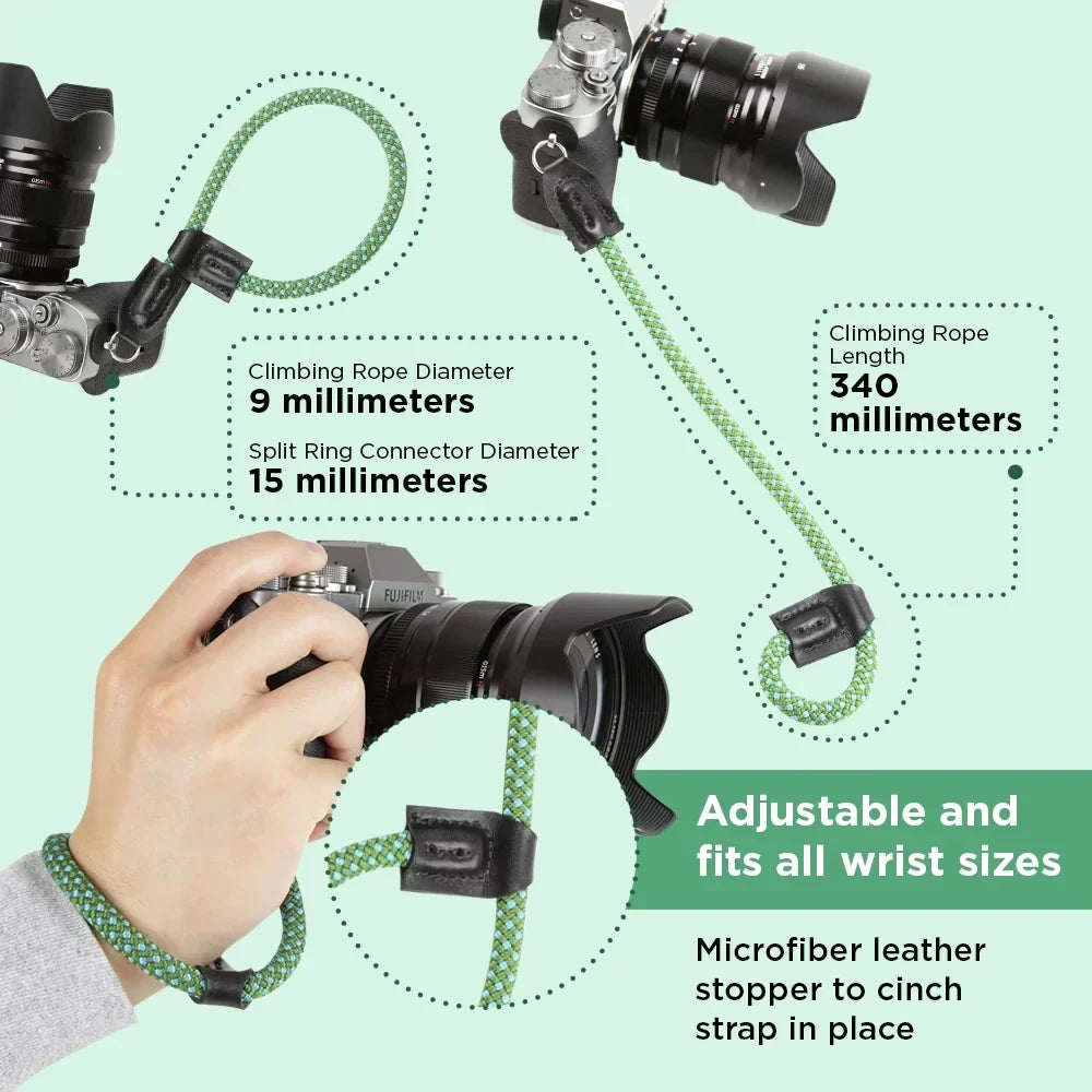 Foto&Tech Climbing Rope Camera Wrist Strap Quick Release Made in USA Compatible with Sony A6600 A6500 A6400 A6000 A6300 A6100 A5100 A5000,RX1 R,RX1 R II,RX10,RX10 II,RX10 III,RX10 IV (34cm,Green/Blue)