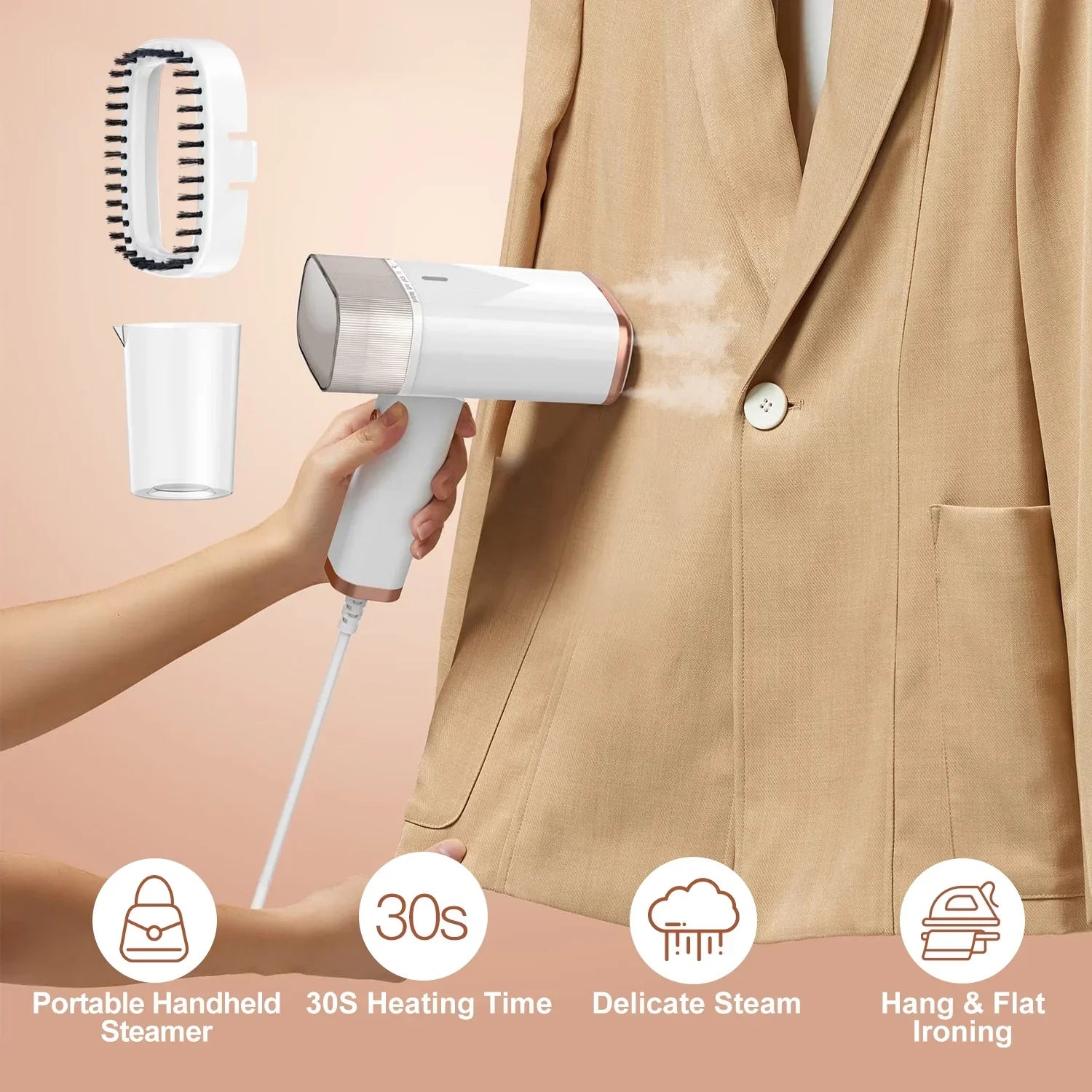 iMounTEK 1000W Portable Handheld Steamer with Brush Foldable Travel Electric Steamer for Garments Clothing Wrinkles Remover 30S Heat up 120ML Water Tank, White