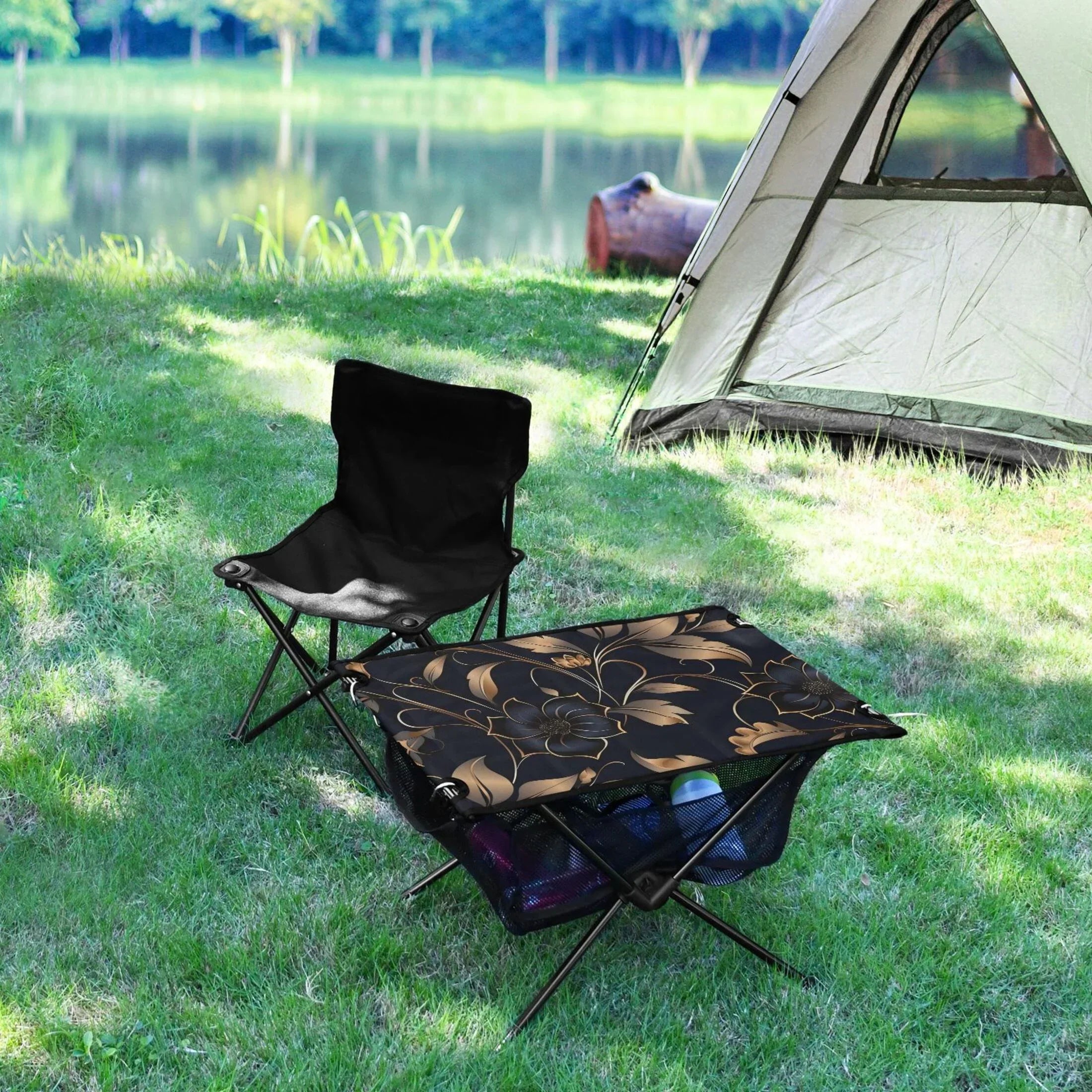 Flower on Black Camping Folding Table Portable Beach Table with Storage Bag Compact Picnic Table for Outdoor Travel Fishing BBQ