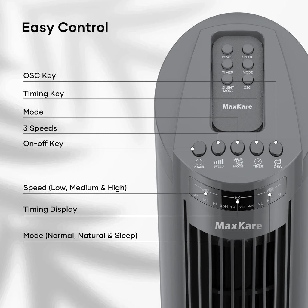 MaxKare 30" Tower Fan 120° Oscillating Fan 60dB Quiet Cooling Fan with Remote Control 3 Speeds 3 Wind Modes Timer for Bedroom, Dark Gray