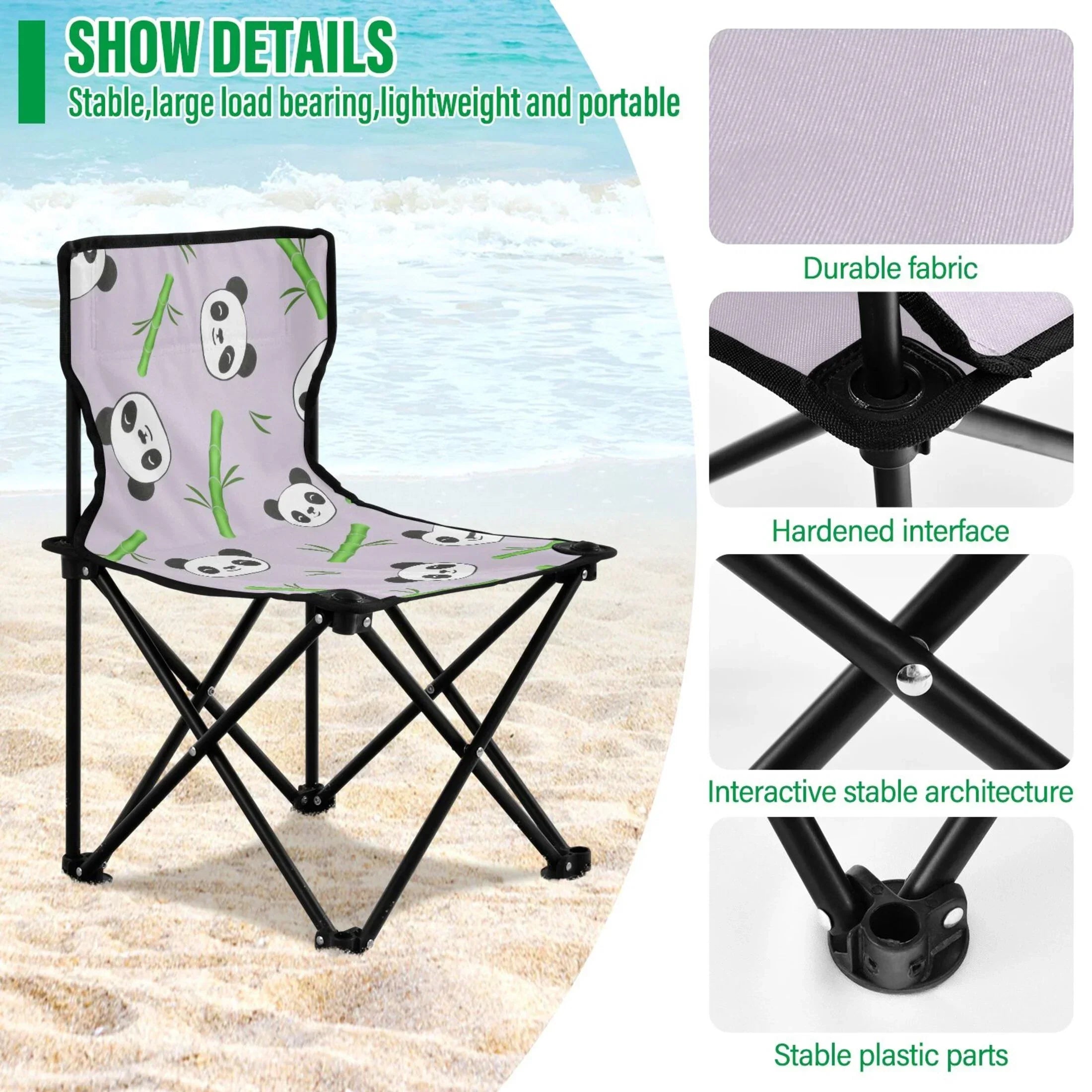 Panda and Bamboos Portable Camping Chair Outdoor Folding Beach Chair Fishing Chair Lawn Chair with Carry Bag Support to 220LBS